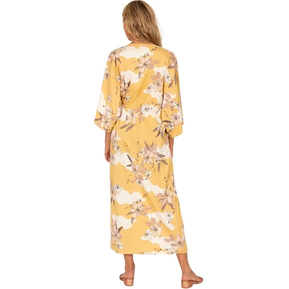 AMUSE SOCIETY Kimono Floral Ginger Womens S Yellow Tie Front Maxi Duster Boho - Picture 9 of 14